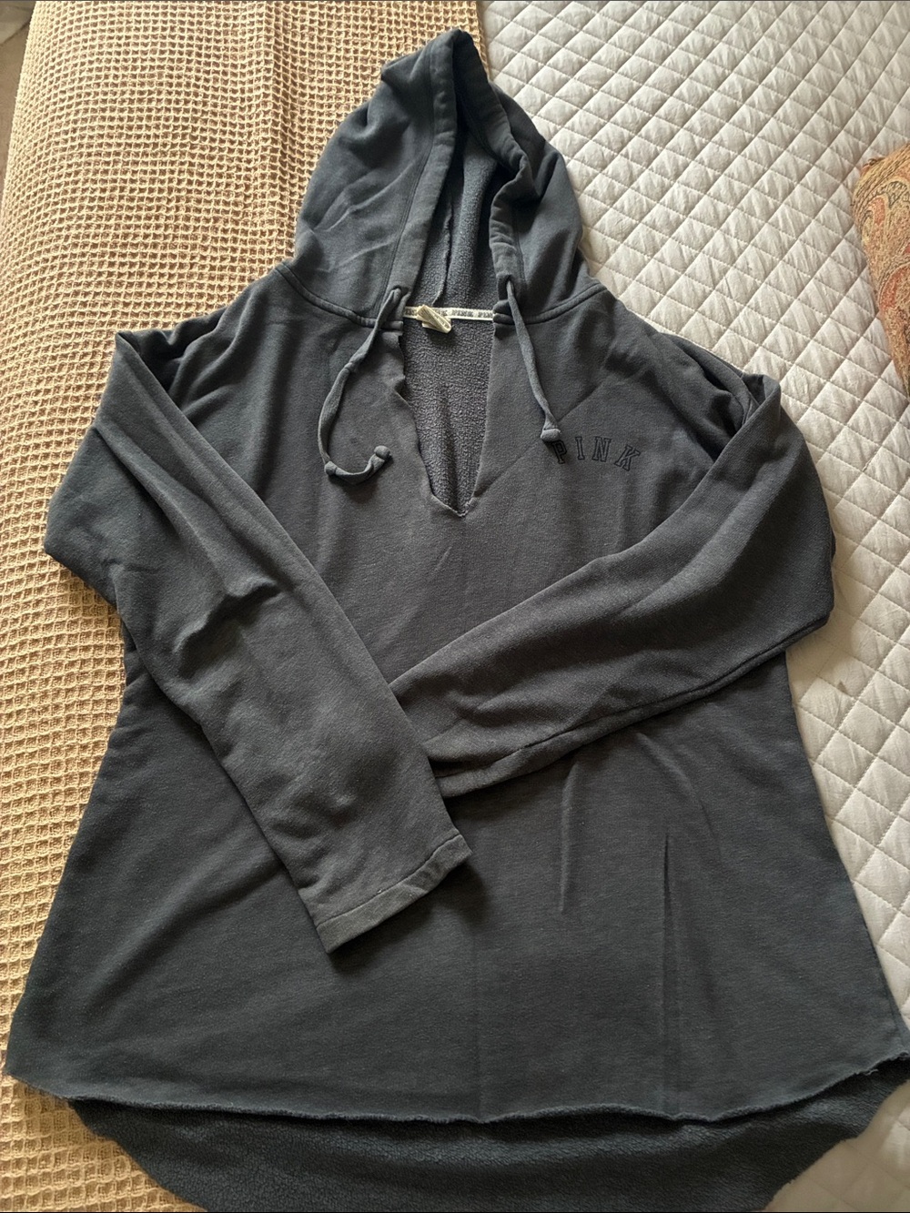 PINK Victoria's Secret Charcoal V-Notch Hooded Pullover